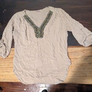 Beaded V-Neck Beige Women's Top